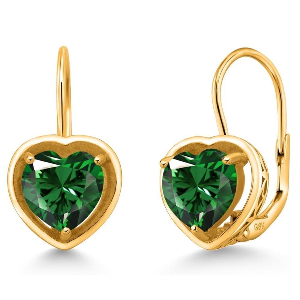18K Yellow Gold 925 with 2.00 Cttw 7MM Emerald Heart Leverback Drop Earrings